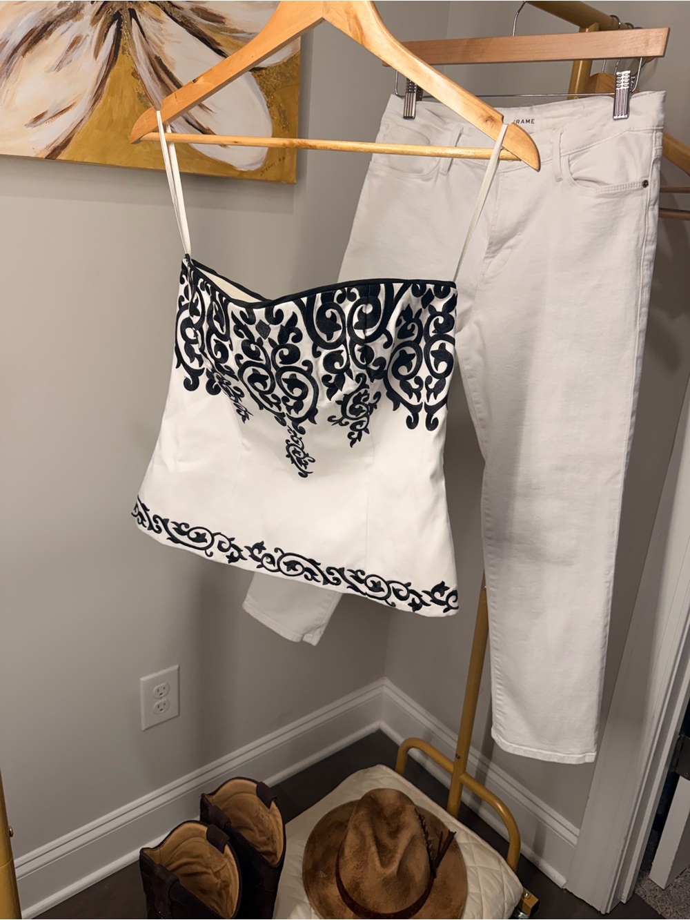 White House Black Market White Cami with Black Embroidered Scroll
